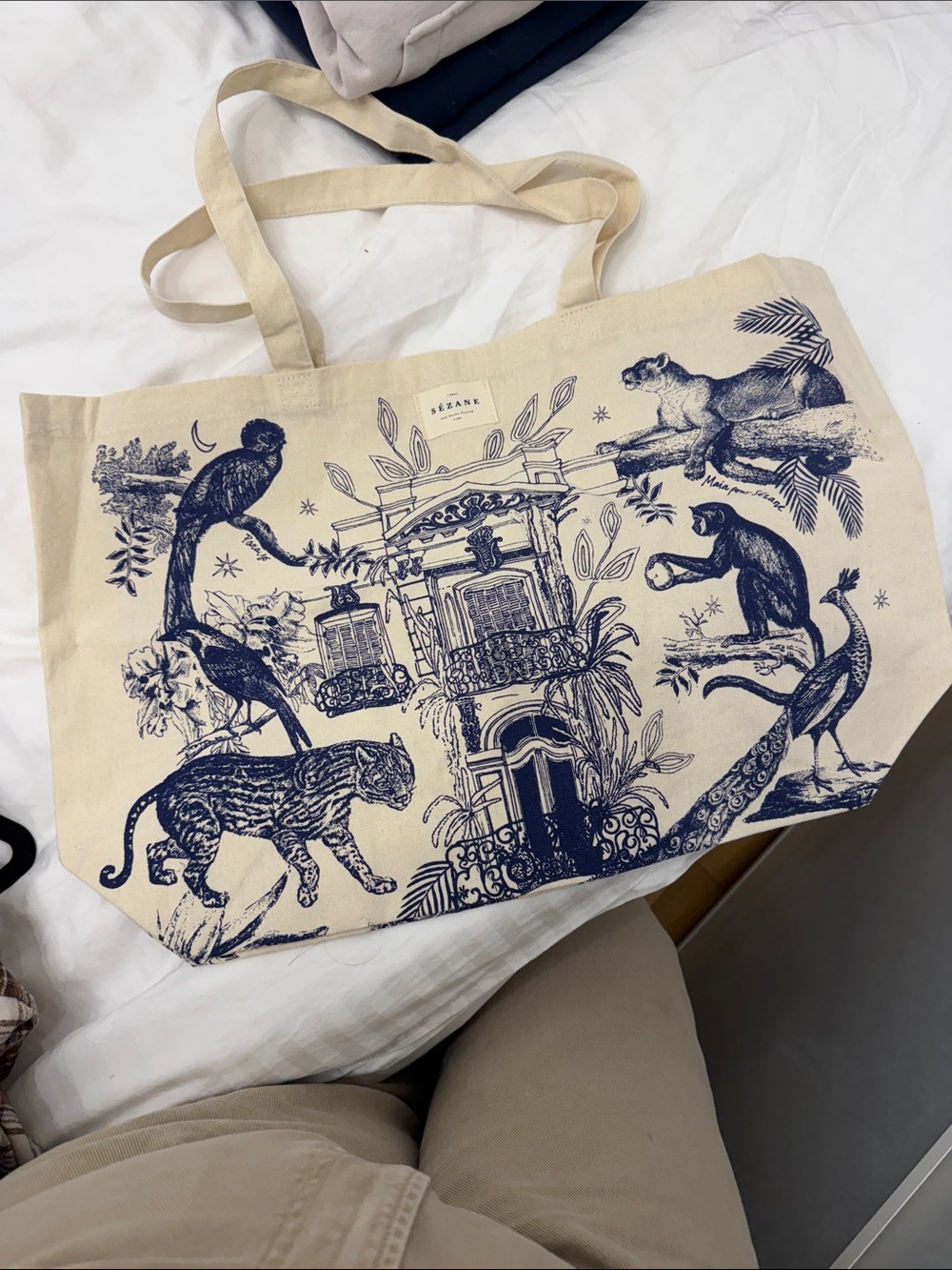 Sézane Canvas Tote Bag with Navy Animal Print